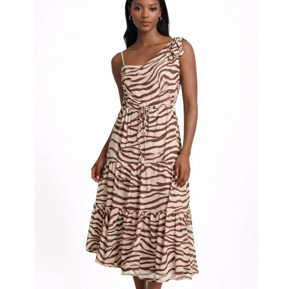 White Closet Zebra Print One-Shoulder Maxi Dress Brown Cream Boho Resort Size M